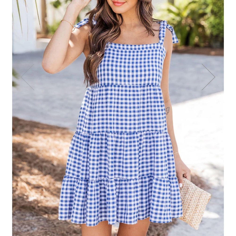 Pinklily Morning Grace Navy Tie Sleeve Gingham Mini Dress - Small